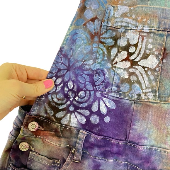 Upcycled Tie Dye Denim Overalls Shorts Womens Size Medium 6 8 Hand Painted Multi - Picture 5 of 14